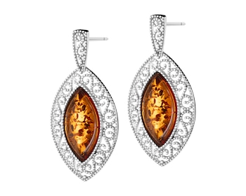 Rhodium Plated Silver Dangling Earring with Amber