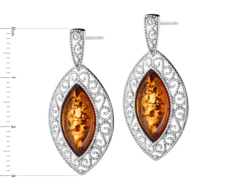 Rhodium Plated Silver Dangling Earring with Amber