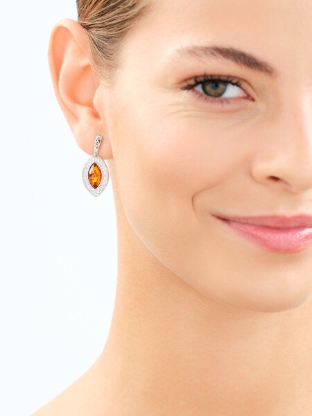 Rhodium Plated Silver Dangling Earring with Amber