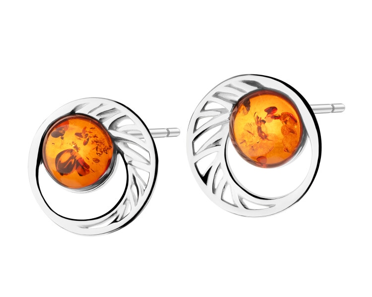 Rhodium Plated Silver Earrings with Amber