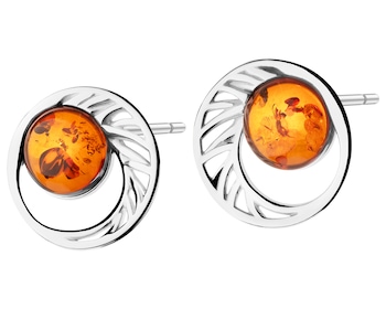 Rhodium Plated Silver Earrings with Amber