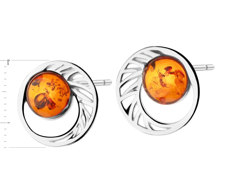 Rhodium Plated Silver Earrings with Amber