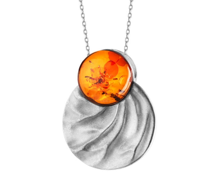 Rhodium Plated Silver Pendant with Amber