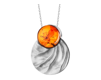 Rhodium Plated Silver Pendant with Amber