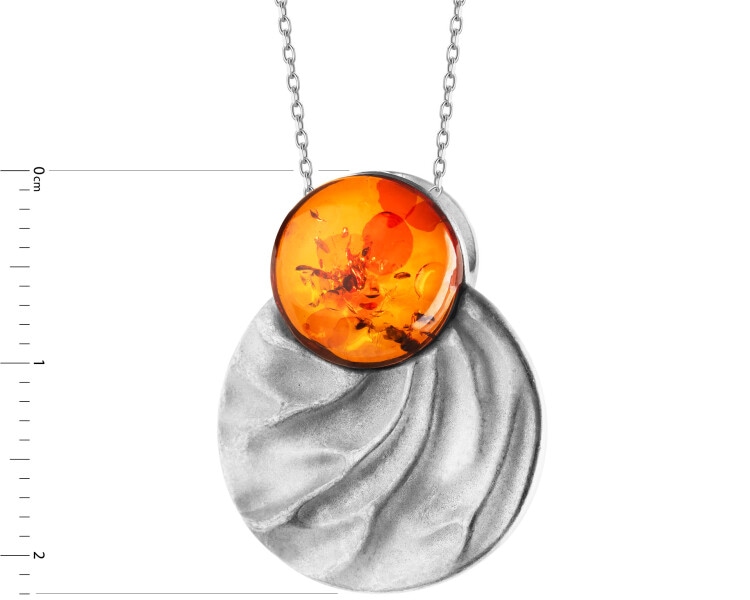Rhodium Plated Silver Pendant with Amber