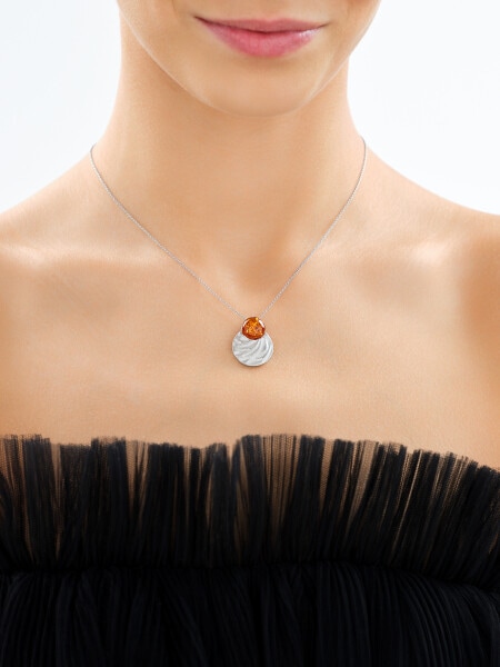 Rhodium Plated Silver Pendant with Amber