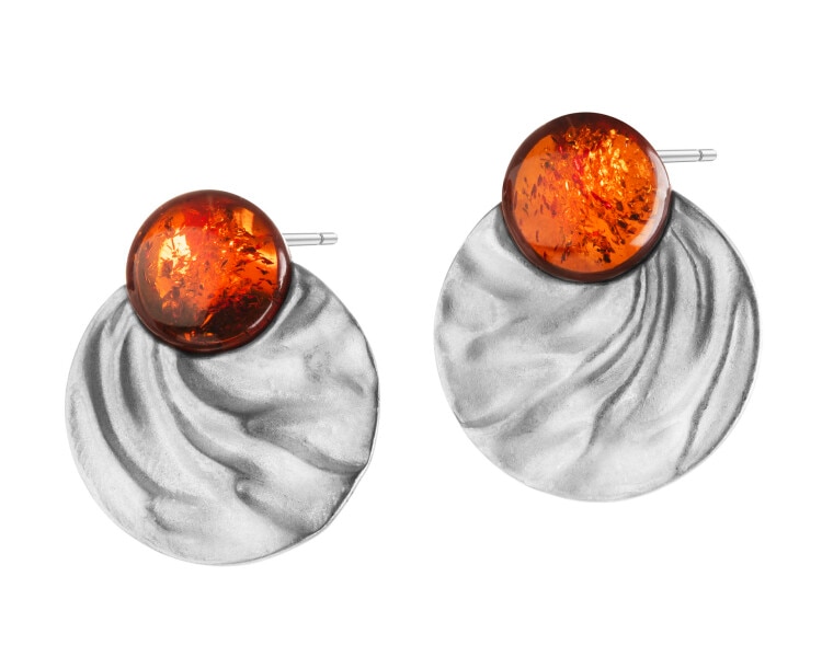 Rhodium Plated Silver Earrings with Amber