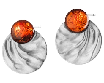 Rhodium Plated Silver Earrings with Amber