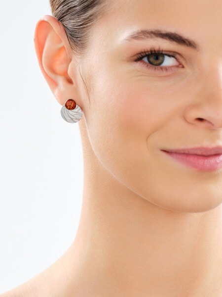 Rhodium Plated Silver Earrings with Amber