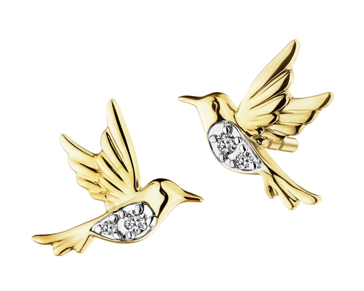 Kolczyki z żółtego złota z diamentami - kolibry - 0,02 ct - próba 585