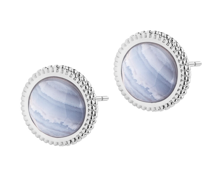 Rhodium-Plated Brass, Rhodium-Plated Silver Earrings with Agate