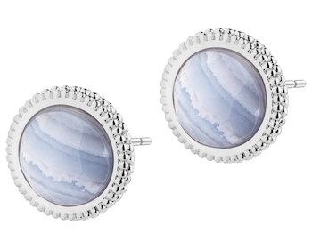 Rhodium-Plated Brass, Rhodium-Plated Silver Earrings with Agate