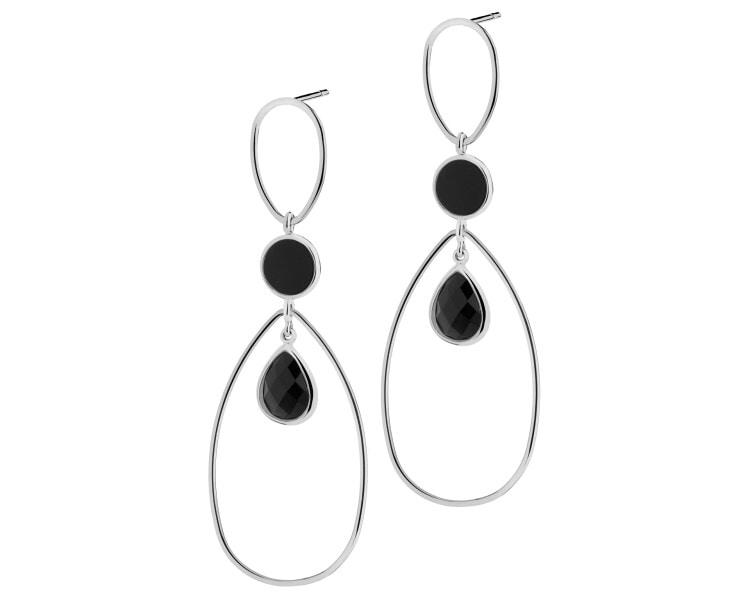 Rhodium-Plated Brass, Rhodium-Plated Silver Dangling Earring with Agate