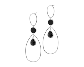 Rhodium-Plated Brass, Rhodium-Plated Silver Dangling Earring with Agate