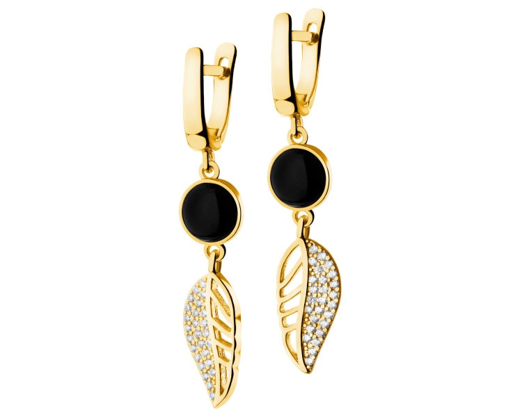 Gold-Plated Brass, Gold-Plated Silver Dangling Earring with Agate