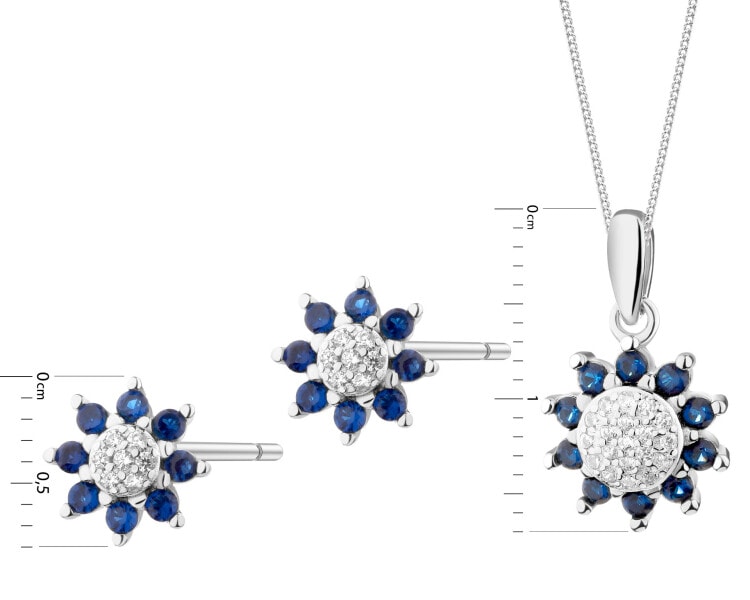 Srebrne kolczyki i zawieszka z cyrkoniami, łańcuszek - komplet - kwiaty