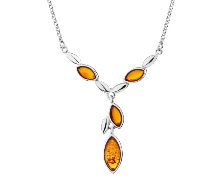 Rhodium Plated Silver Necklace with Amber