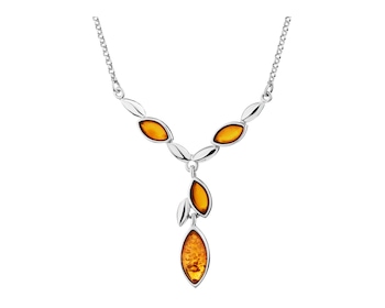 Rhodium Plated Silver Necklace with Amber