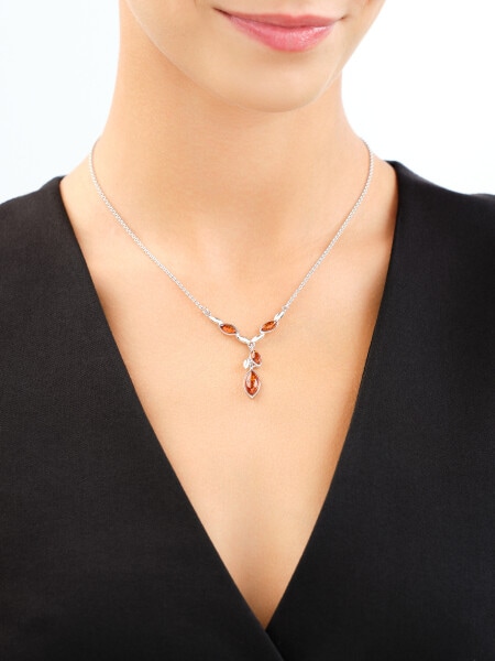 Rhodium Plated Silver Necklace with Amber