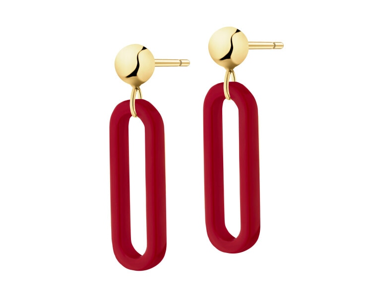 9 K Yellow Gold Dangling Earring with Synthetic Coral