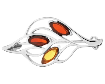 Rhodium Plated Silver Brooch with Amber