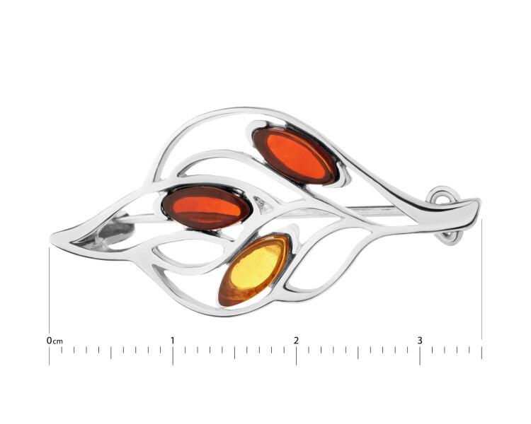 Rhodium Plated Silver Brooch with Amber