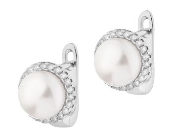 Rhodium Plated Silver Earrings with Pearl