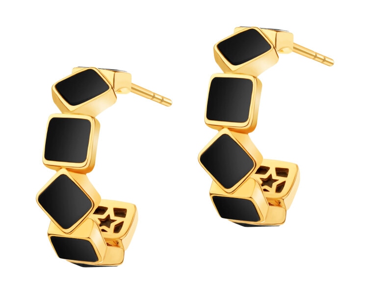 Gold-Plated Brass, Gold-Plated Silver Earrings with Agate