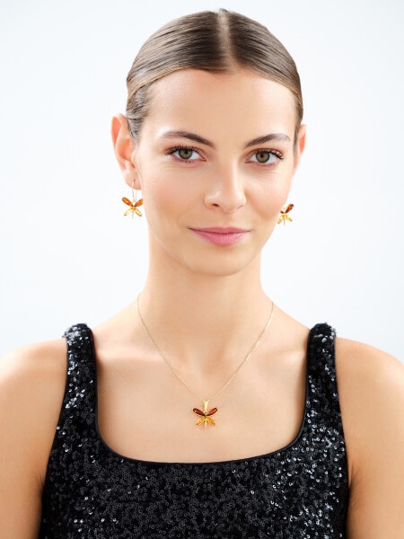 Gold-Plated Silver Dangling Earring with Amber