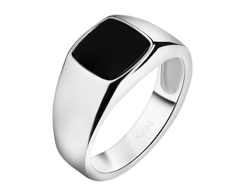 Rhodium Plated Silver Signet Ring with Onyx