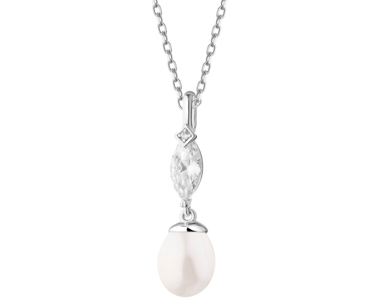 Rhodium Plated Silver Pendant with Pearl