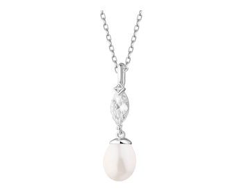 Rhodium Plated Silver Pendant with Pearl