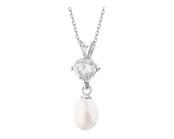 Rhodium Plated Silver Pendant with Pearl