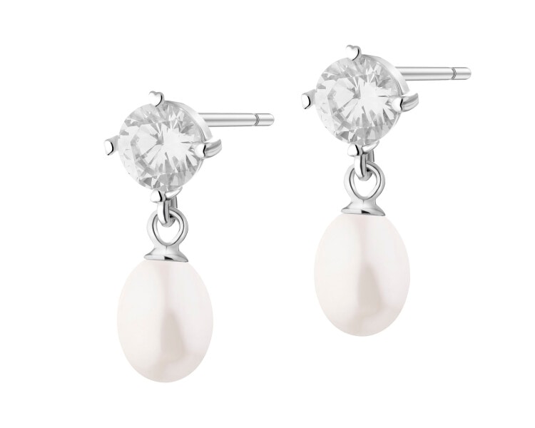 Rhodium Plated Silver Dangling Earring with Pearl