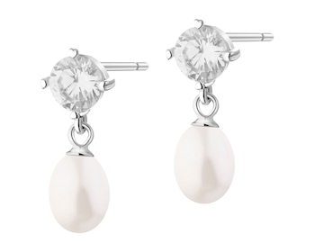 Rhodium Plated Silver Dangling Earring with Pearl