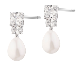 Rhodium Plated Silver Dangling Earring with Pearl