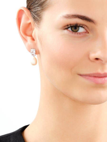 Rhodium Plated Silver Dangling Earring with Pearl