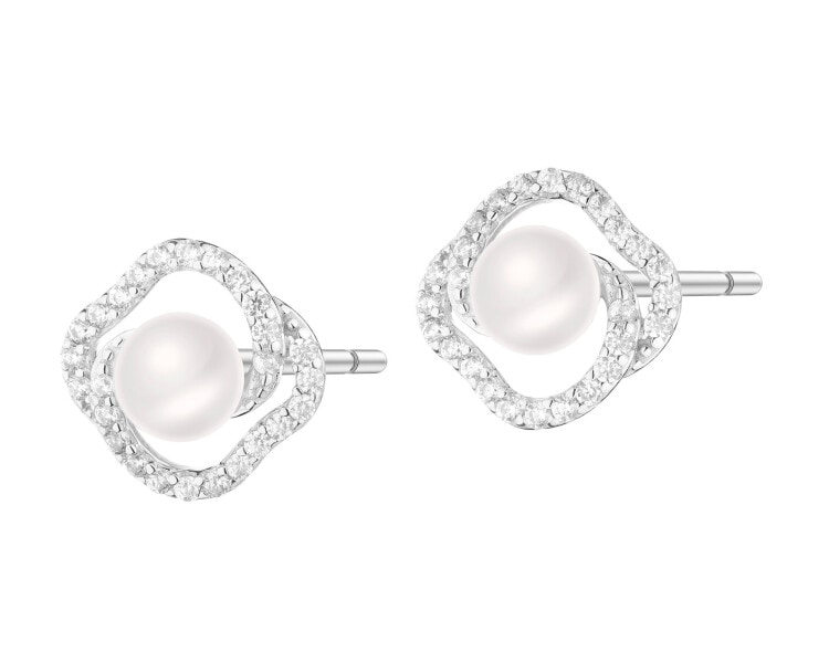 Rhodium Plated Silver Earrings with Pearl