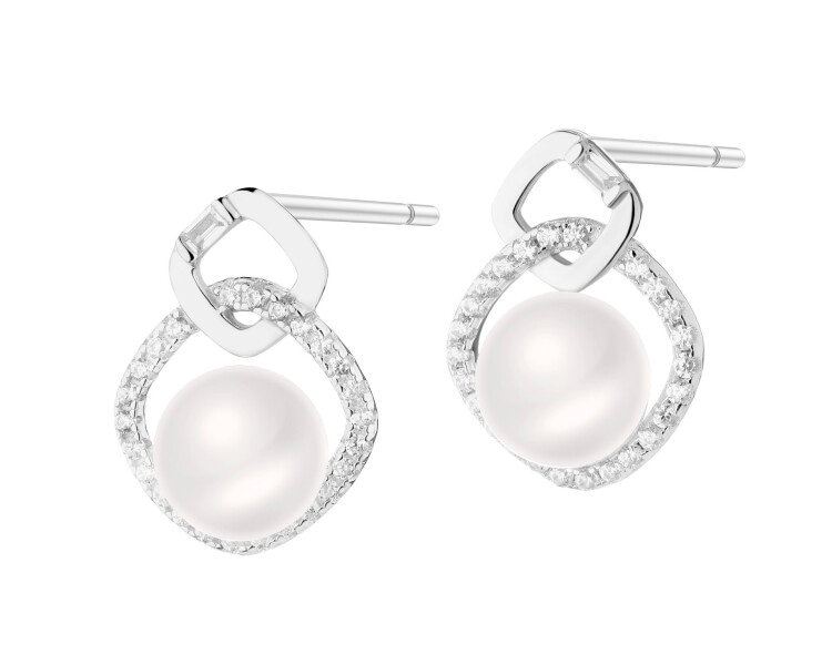 Rhodium Plated Silver Earrings with Pearl