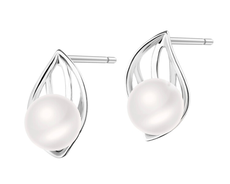 Rhodium Plated Silver Earrings with Pearl