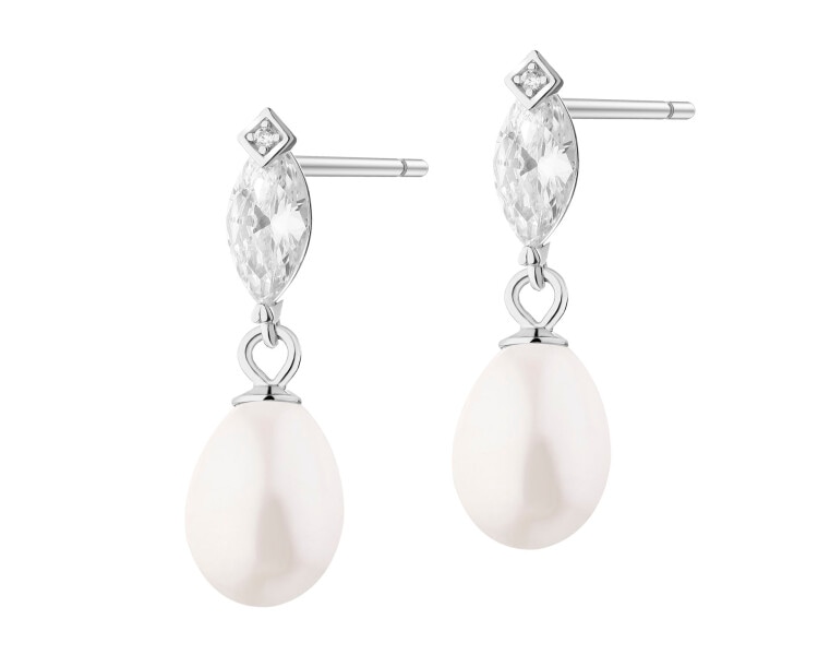 Rhodium Plated Silver Dangling Earring with Pearl