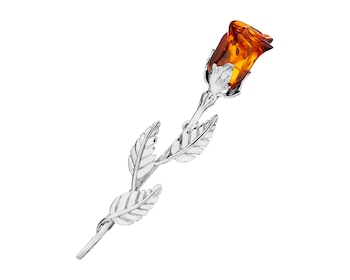 Rhodium Plated Silver Brooch with Amber