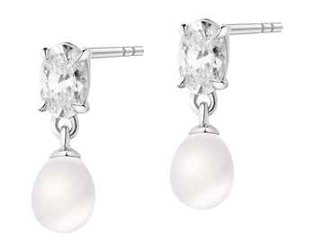 Rhodium Plated Silver Dangling Earring with Pearl