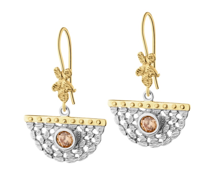 Rhodium-Plated Silver, Gold-Plated Silver Dangling Earring with Cubic Zirconia