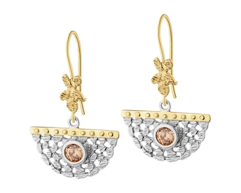 Rhodium-Plated Silver, Gold-Plated Silver Dangling Earring with Cubic Zirconia