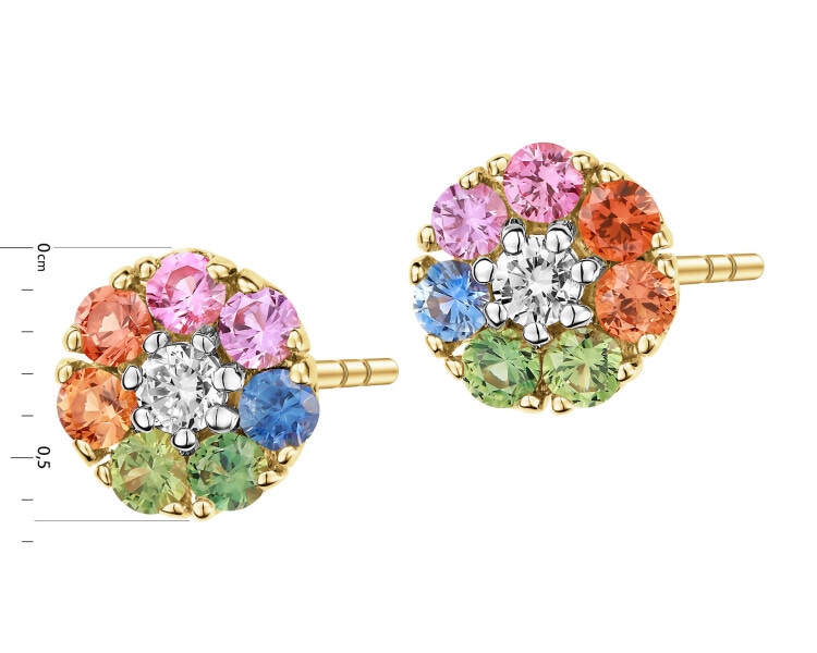 Kolczyki z żółtego złota z brylantami i szafirami kolorowymi - kwiaty - próba 585