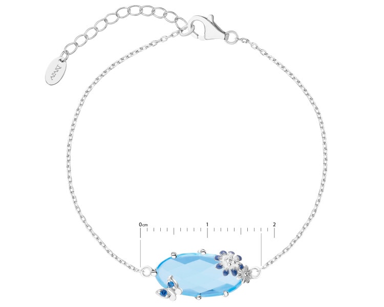 Bransoletka srebrna z cyrkoniami, szlifowanym szkłem i cyrkoniami - motyl, kwiaty