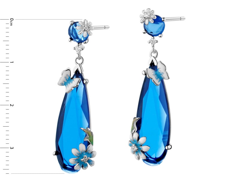 Kolczyki srebrne z cyrkoniami, szlifowanym szkłem i emalią - motyle, kwiaty