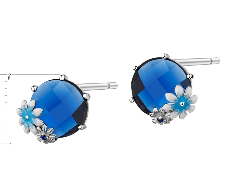 Kolczyki srebrne z cyrkoniami, szlifowanym szkłem i emalią - kwiaty