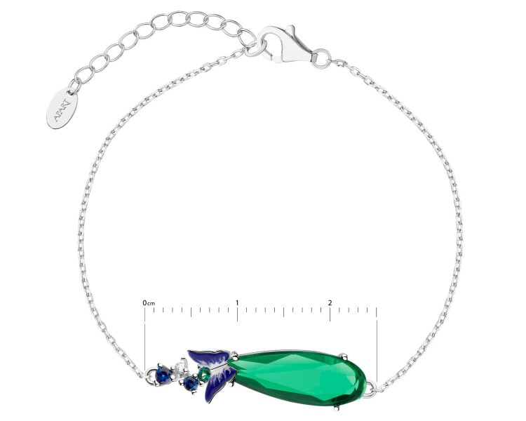 Bransoletka srebrna z cyrkoniami, szlifowanym szkłem i cyrkoniami - motyl